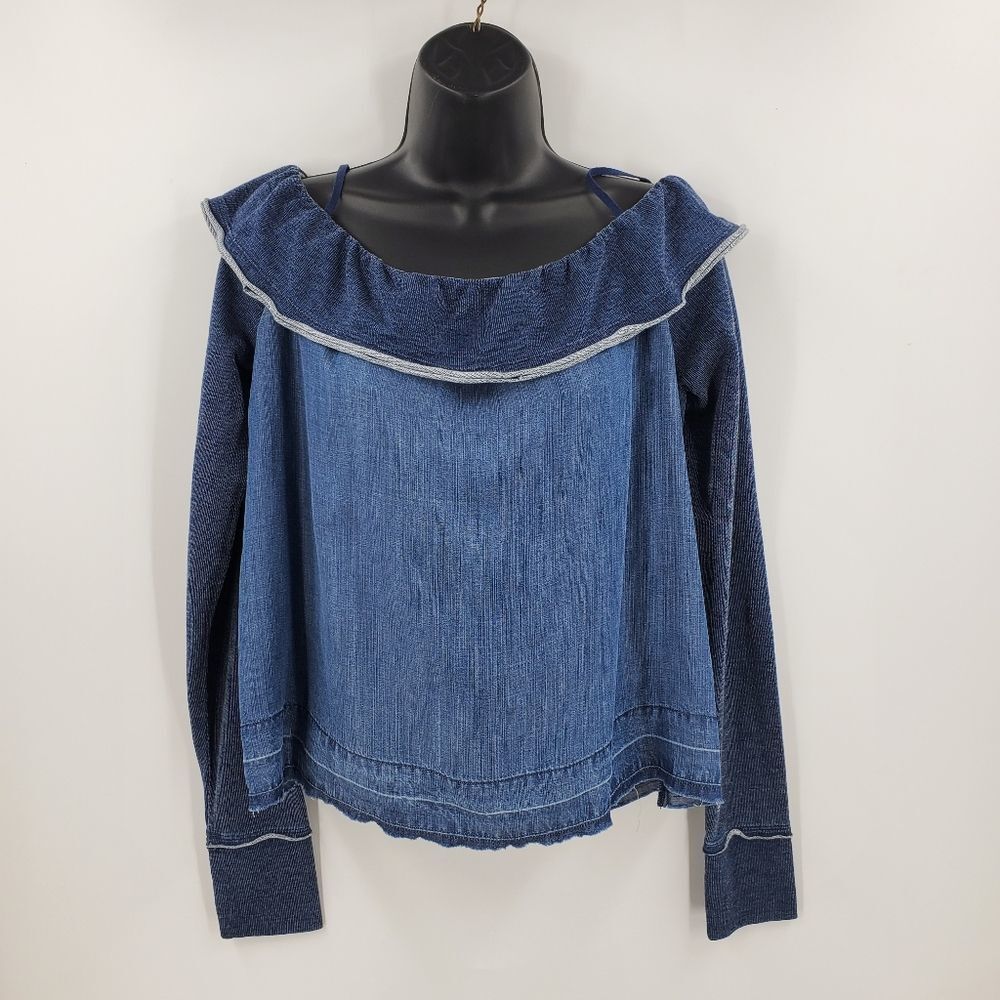 🩵CLOTH & STONE Womens S Blue colorblock tencel off shoulder Long Sleeve blouse